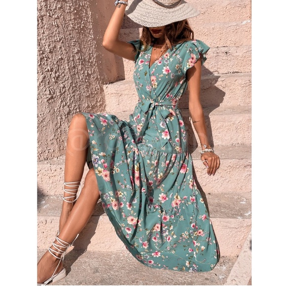 Floral Dress Surplice Overlapping V Neck Fit & Flare Maxi Long Green Tie Belt - Picture 5 of 8